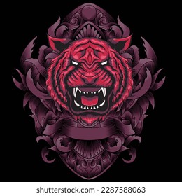 red tiger head illustration with baroque ornament background