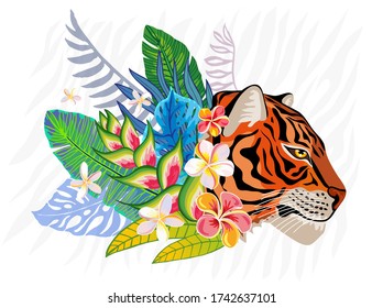 Red tiger head wild cat in colorful jungle. Rainforest tropical leaves background drawing. Tiger stripes hand drawn vector character art illustration