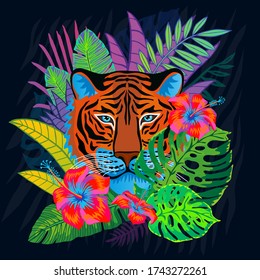Red tiger head wild cat in colorful jungle. Rainforest tropical leaves background drawing. Tiger stripes hand drawn vector character art illustration