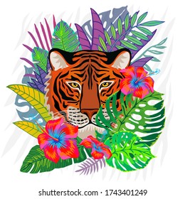 Red tiger head wild cat in colorful jungle. Rainforest tropical leaves background drawing. Tiger stripes hand drawn vector character art illustration