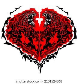 Red tiger heart. Two roaring heart-shaped tigers. Vector art illustration, isolated on white background.