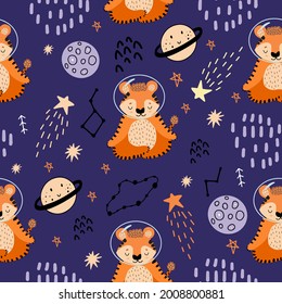 Red tiger meditates in space. Seamless pattern with planets, tigers,constellations, stars for decoration of children's fabrics. 2022 - The Year of the Tiger. Tiger is engaged in spiritual practices.