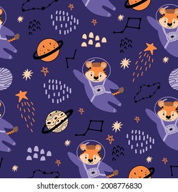 A red tiger in a space suit and space suit flies to the stars. Seamless pattern with planets, tigers,constellations, stars for decorating children's fabrics, rooms. 2022 - The Year of the Tiger.