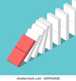 Red tile starting domino effect and many white ones on turquoise blue background. Crisis, leadership and motivation concept. Flat design. No transparency, no gradients