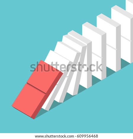 Red tile starting domino effect and many white ones on turquoise blue background. Crisis, leadership and motivation concept. Flat design. No transparency, no gradients
