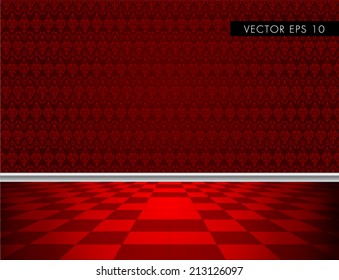 Red tiled glossy floor with red royal wallpaper - beautiful vector background