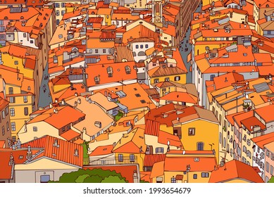 Red tiled roofs of Old Nice. France. Old town, street, house, roof, road, lane. Urban landscape. top view of the old town. Contour style. Linear art. Drawing. City.  Vector.