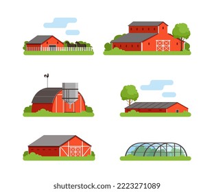 Red Timbered Farm Building and Infrastructure Rested on Green Lawn Vector Set