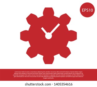 Red Time Management icon isolated on white background. Clock and gear sign. Productivity symbol. Vector Illustration