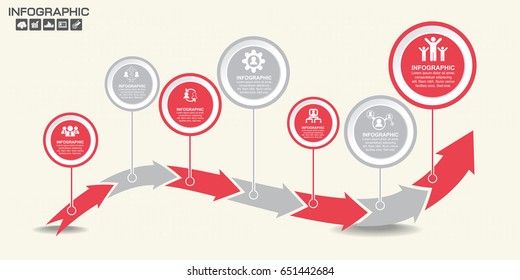 Red Timeline Arrow Infographics template 10 options. Isolated design elements. Vector illustration.