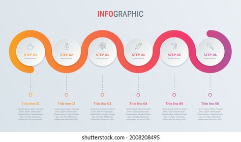 Red timeline infographic design vector. 6 options, circle workflow layout. Vector infographic timeline template.