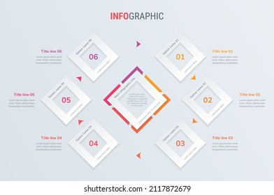 Red timeline infographic design vector. 6 steps, square workflow layout. Vector infographic timeline template.