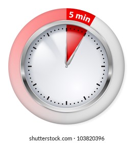 Red Timer Icon. Five Minutes. Illustration on white.