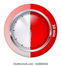 Red Timer Icon. Thirty Minutes. Illustration on white.