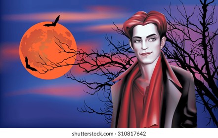 Red tint vampire-like man walking in the night along the spooky bare trees under full moon