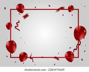 Red Tiny Confetti And Balloon With Streamer Ribbons Falling On Background. Frame. Vector Illustration