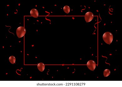 Red Tiny Confetti And Balloon With Streamer Ribbons Falling On Black Background. Frame. Vector Illustration