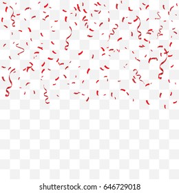 Red Tiny Confetti And Streamer Ribbon Falling On Transparent Background. Celebration. Vector