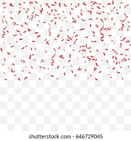 Red Tiny Confetti And Streamer Ribbon Falling On Transparent Background. Celebration. Vector