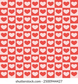 Red tiny hearts grid seamless pattern. Squares and hearts arranged lines. Template design for love, relationship, Valentine's day. Print for stationery, card, paper gift, scarf, phone case.