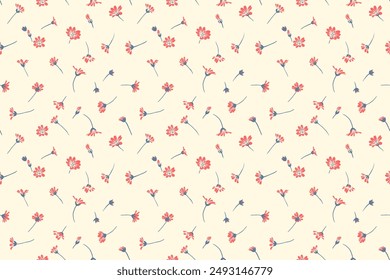 Red tiny wild flowers and small buds scattered randomly on a seamless pattern. Abstract artistic floral print on a light background. Vector hand drawing sketch. Design for fashion, fabric, textiles