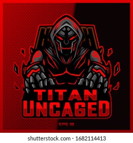 Red Titan Monster esport and sport mascot logo design in modern illustration concept for team badge, emblem and thirst printing. Red Monster illustration on Dark Red Background. Vector illustration