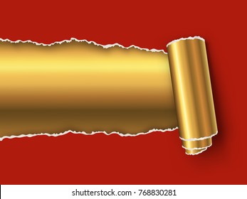 Red title page business template with torn piece of paper and gold copy space. Christmas greeting card. Vector illustration.