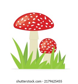 red toadstool, Amanita muscaria poisonous mushroom in the grass- vector illustration