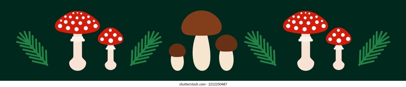 Red toadstool mushroom and edible boletes forest green border. Vector illustration