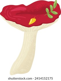 Red toadstool mushroom with green leaves and yellow spots. Nature forest fungi with vibrant colors. Autumn woodland flora vector illustration.