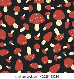 Red toadstool mushrooms in dark background creating a seamless pattern background print. Vector illustration. For kids, autumn parties or home decor projects. Surface pattern design.