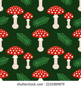 Red toadstools forest mushroom dark seamless pattern. Vector illustration.
