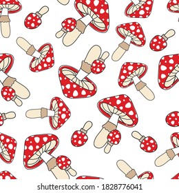 Red toadstools on a white background. Seamless pattern for element design, fabric, wrapping paper.
