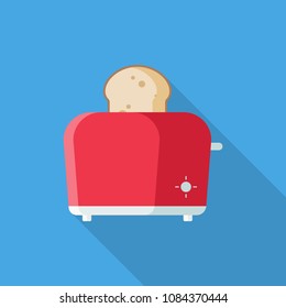 Red Toaster flat icon with long shadow isolated on blue background. Simple Toaster sign symbol in flat style. Kitchen Appliances Vector illustration for web and mobile design.