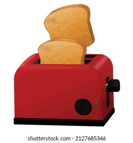 Red toaster with flying toasted slices of bread on white background, vector illustration