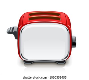 Red Toaster. Kitchen equipment for roast bread. Cooking food. Cook meal. Metallic utensil. Isolated white background. Electric barbecue tool. EPS10 vector illustration.
