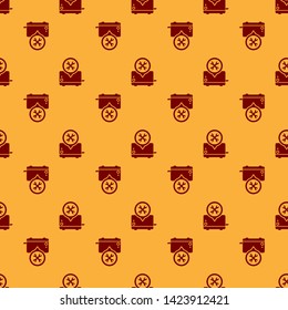 Red Toaster with screwdriver and wrench icon isolated seamless pattern on brown background. Adjusting, service, setting, maintenance, repair, fixing.  Vector Illustration