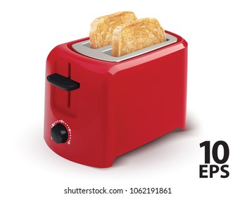 Red toaster with toasted bread for breakfast inside. isolated on White. Realistic vector 3d illustration.