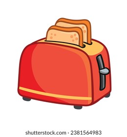 Red toaster with toasted bread for breakfast inside. Vector illustration with  toaster icon isolated on white background. Cartoon style.