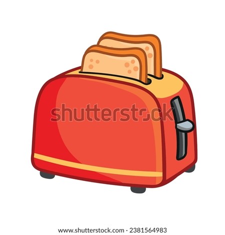 Red toaster with toasted bread for breakfast inside. Vector illustration with  toaster icon isolated on white background. Cartoon style.
