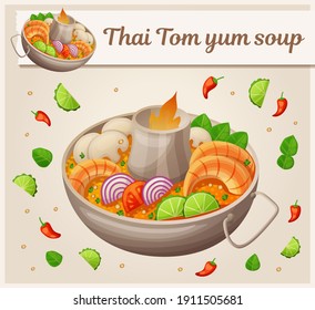 Red tom yum soup vector icon with ingredients. Traditional dinner cartoon illustration