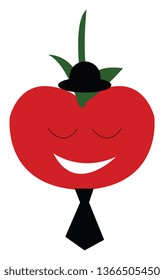 Red tomato in black tie and hat vector or color illustration