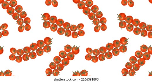 Red tomato branch watercolor seamless pattern. Natural vegetable background illustration of organic cooking ingredient for healthy nutrition concept. Fresh hand drawn tomatoes on white backdrop.
