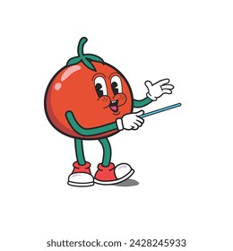 Red Tomato cartoon mascot character teaching or presentation, smiling expression. Tomato wearing glove and shoes Groovy Retro cartoon character for icon, mascot, logo, label, poster, clipart, sticker