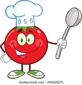 Red Tomato Chef Cartoon Mascot Character Holding A Spoon. Vector Illustration Isolated On White