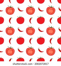 Red tomato and chilli peppers on a white background. Seamless background 