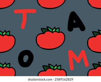 Red tomato drawing and letters, seamless vector pattern for design and decoration. 