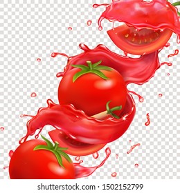 Red Tomato Fruit In Tomato Juice Spash Realistic Vector.