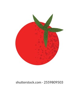 Red tomato with green leaves. Fresh and vibrant vegetable illustration for food menus, recipes, and natural designs. Flat vector style, isolated on white background.