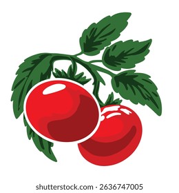 red tomato with green leaves on white background